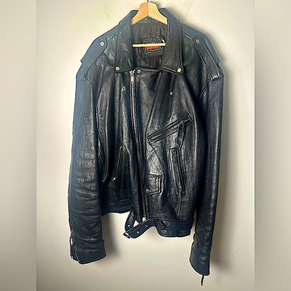 Vintage BIKER’S LEATHER STUFF Men’s Black  Moto Jacket 52” Chest (2XL) - Picture 3 of 13